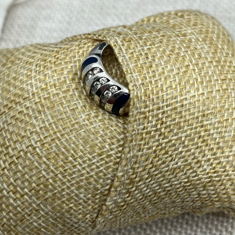 Vintage Sterling Silver Wide Band Ring with Enamel & CZ Accents Size 4.75
